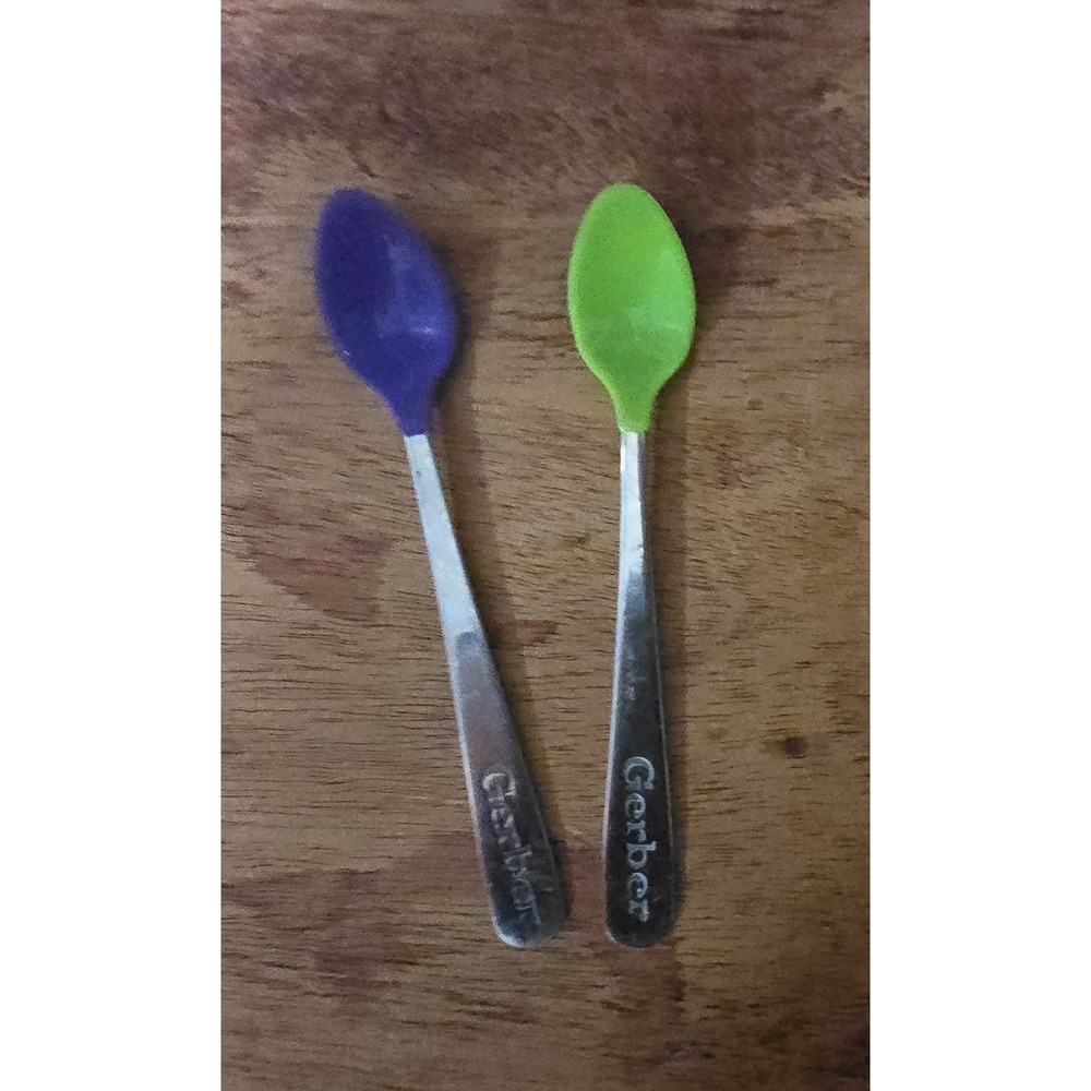 VINTAGE Gerber Baby‎ Spoons Stainless Steel Silicone Soft Tip Purple Green Set 2